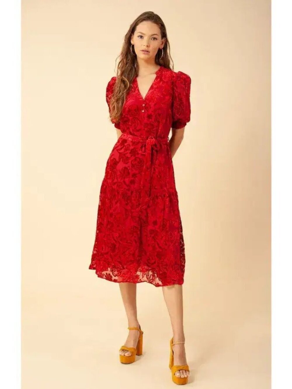 Hale Bob Womens Midi Kimbra A-line Dress Size L Red Burnout Velvet Slim Fit Boho